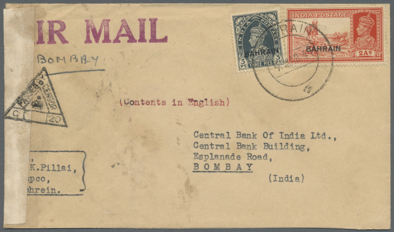 Br Bahrain: 1941-43, Three Censored Airmail Covers To India With Censore Strips And Triangle Handstamps "C-14" (violet), - Bahrain (1965-...)