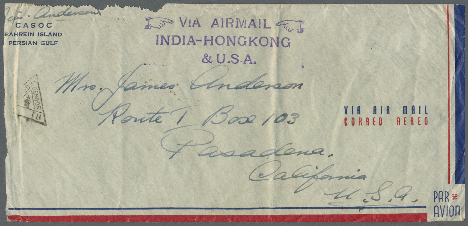 Br Bahrain: 1941 Censored Airmail Cover To Pasadena, Ca., U.S.A. "VIA AIRMAIL/INDIA_HONGKONG/& USA" (handstamp In Violet - Bahreïn (1965-...)