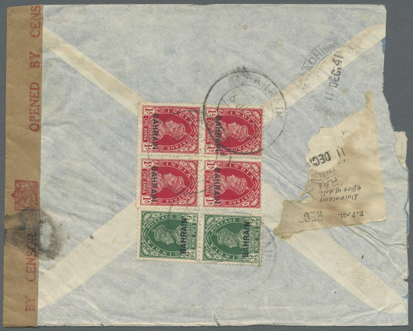 Br Bahrain: 1941. Registered Air Mail Envelope Addressed To Lndia Bearing SG 22, ½p Green (pair) And SG 23, 1p Carmine ( - Bahreïn (1965-...)