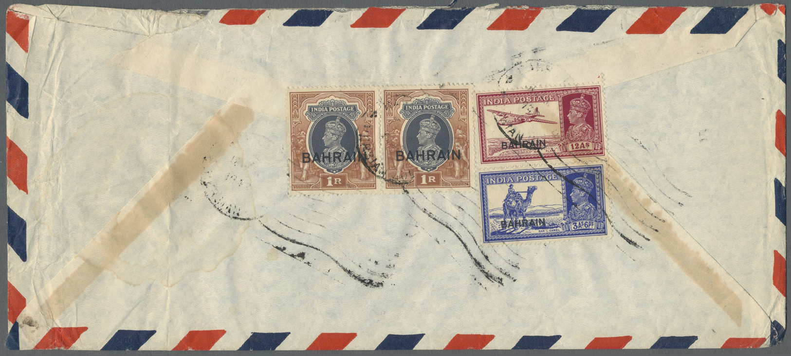 Br Bahrain: 1942 Airmail Cover To The U.S.A. Franked On Back By 1938-41 KGVI. 12a., 3a6p. And 1r. Pair All Tied By Bahra - Bahrain (1965-...)