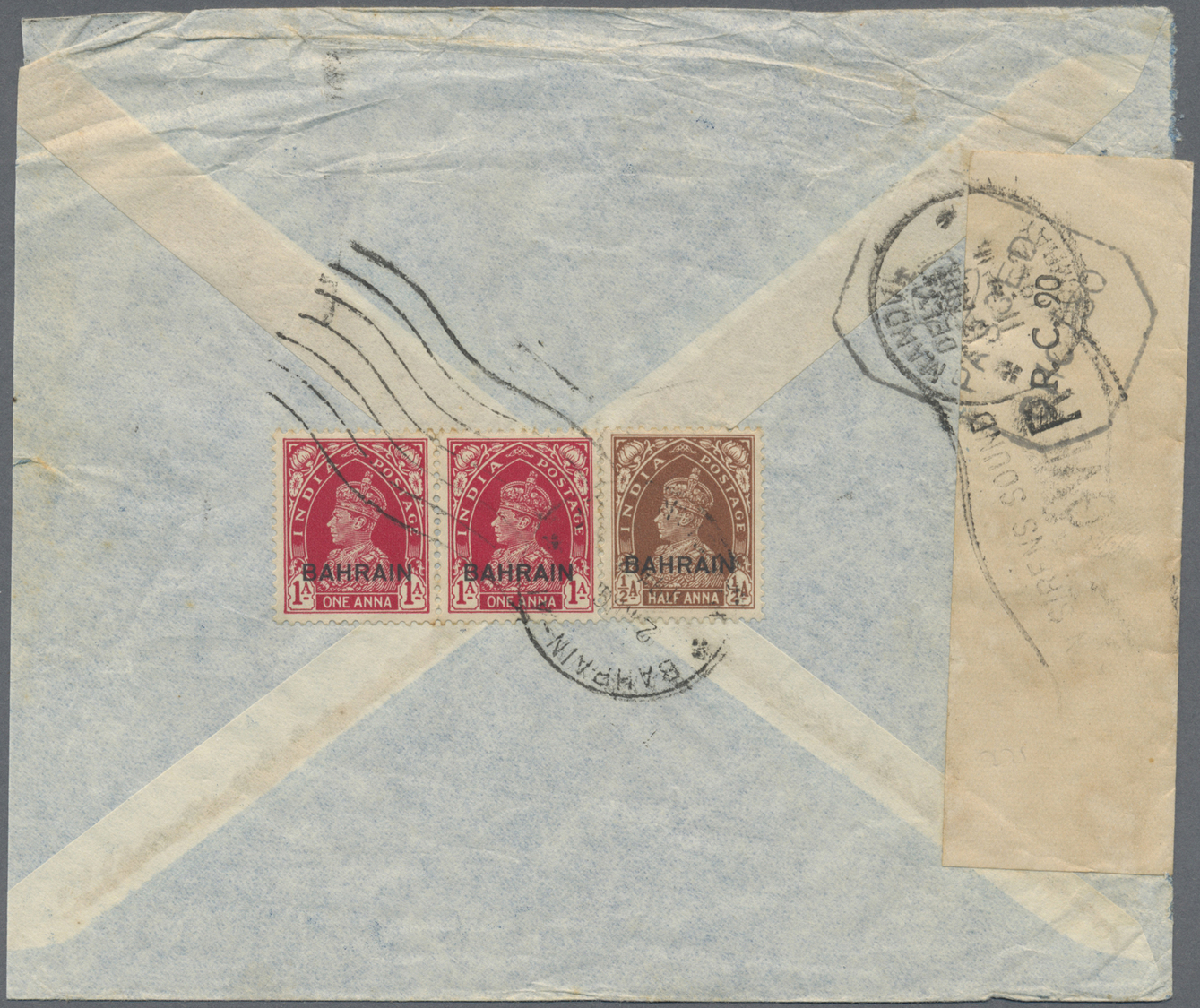 Br Bahrain: 1942. Air Mail Envelope Addressed To Bombay Bearing SG 21, ½a Brown And SG 23, 1a Carmine (pair) Tied By Bah - Bahrain (1965-...)