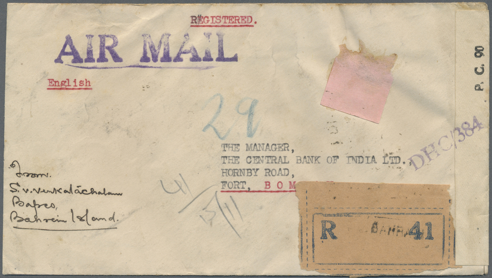 Br Bahrain: 1944. Registered Air Mail Envelope Addressed To India Bearing SG 23, 1a Carmine, SG 38, 3p Grey (2) And SG 3 - Bahreïn (1965-...)