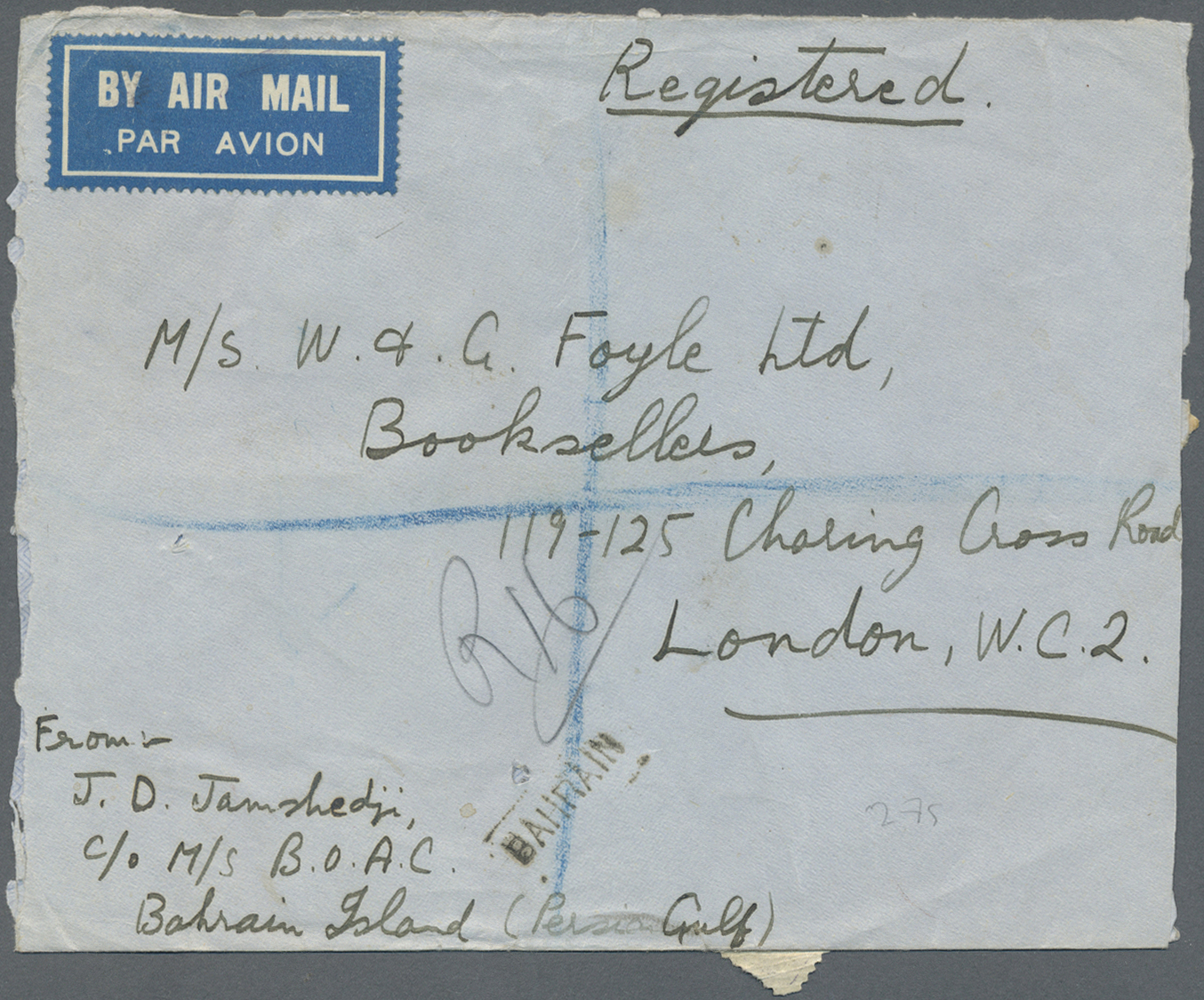 Br Bahrain: BAHRAIN 1946. Registered Air Mail Envelope (opened On Three Sides For Display) Addressed To London Bearing S - Bahreïn (1965-...)