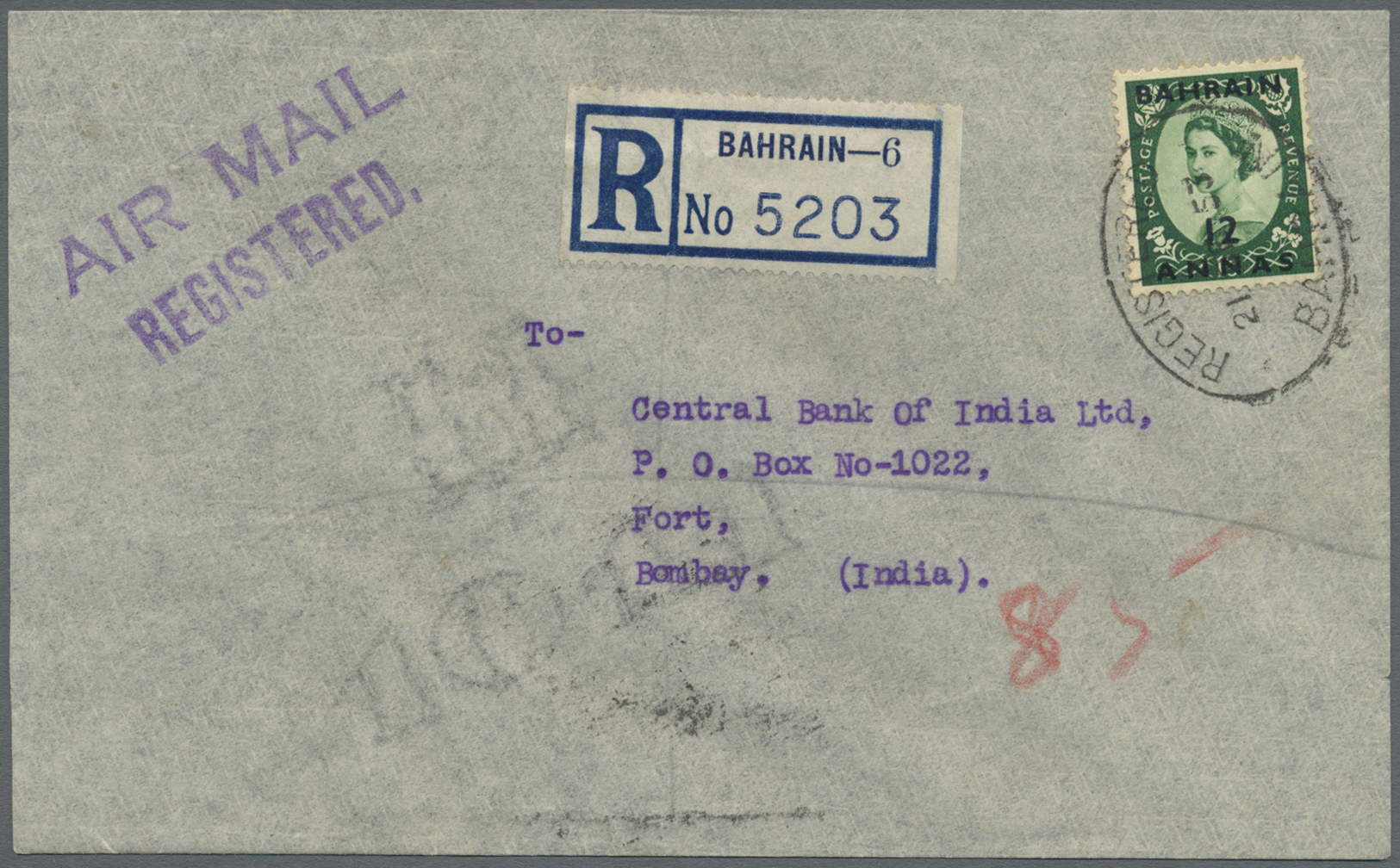 Br Bahrain: 1953. Registered Air Mail Envelope Addressed To Lndia Bearing SG 88, 12a On 1/3d Green Tied By Oval Register - Bahreïn (1965-...)