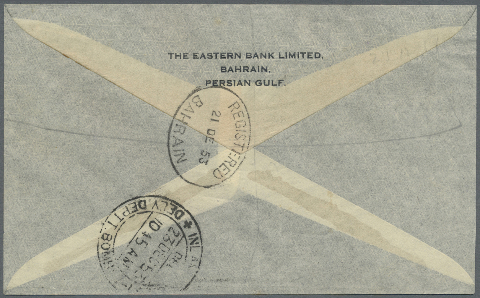 Br Bahrain: 1953. Registered Air Mail Envelope Addressed To Lndia Bearing SG 88, 12a On 1/3d Green Tied By Oval Register - Bahreïn (1965-...)