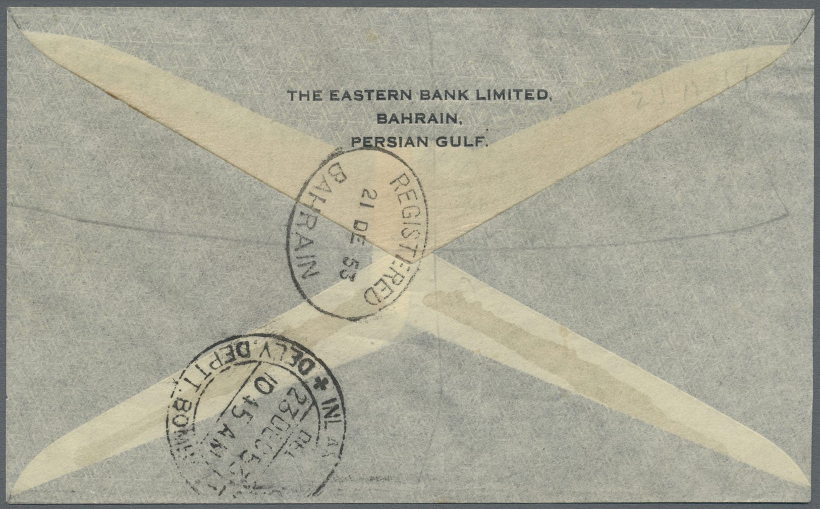 Br Bahrain: 1953. Registered Air Mail Envelope Addressed To Lndia Bearing SG 88, 12a On 1/3d Green Tied By Oval Register - Bahrain (1965-...)