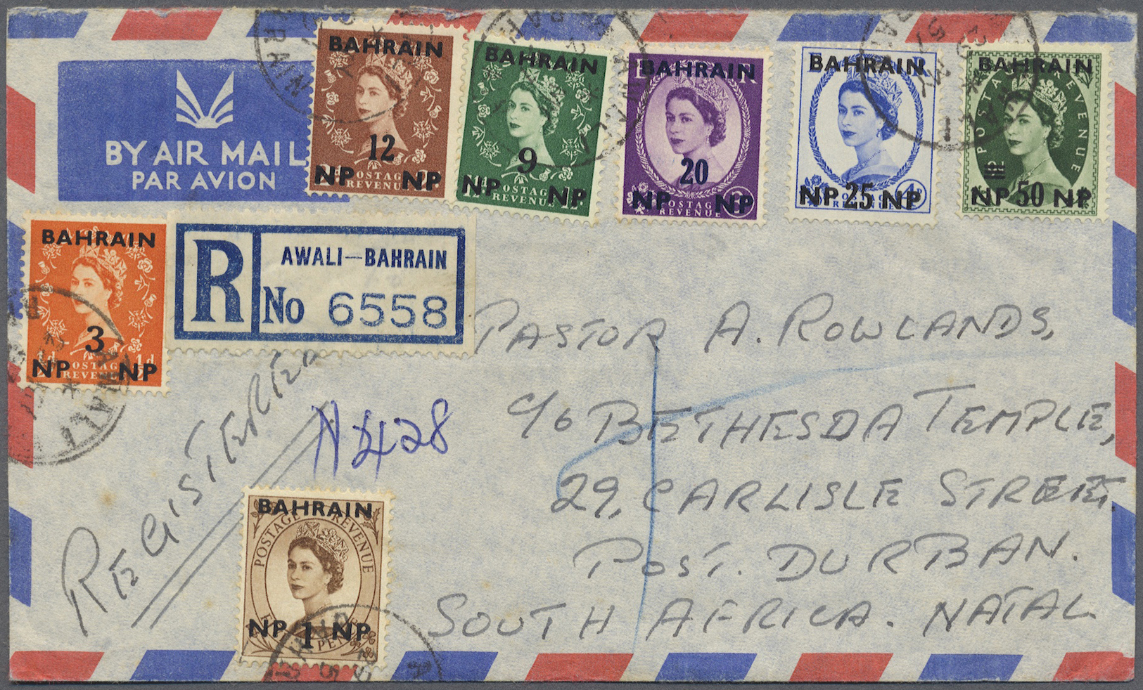 Br Bahrain: 1957. Registered Air Mail Envelope Addressed To Durban, South Africa Bearing SG 102, 1n.p. On 5d Brown, SG 1 - Bahrain (1965-...)