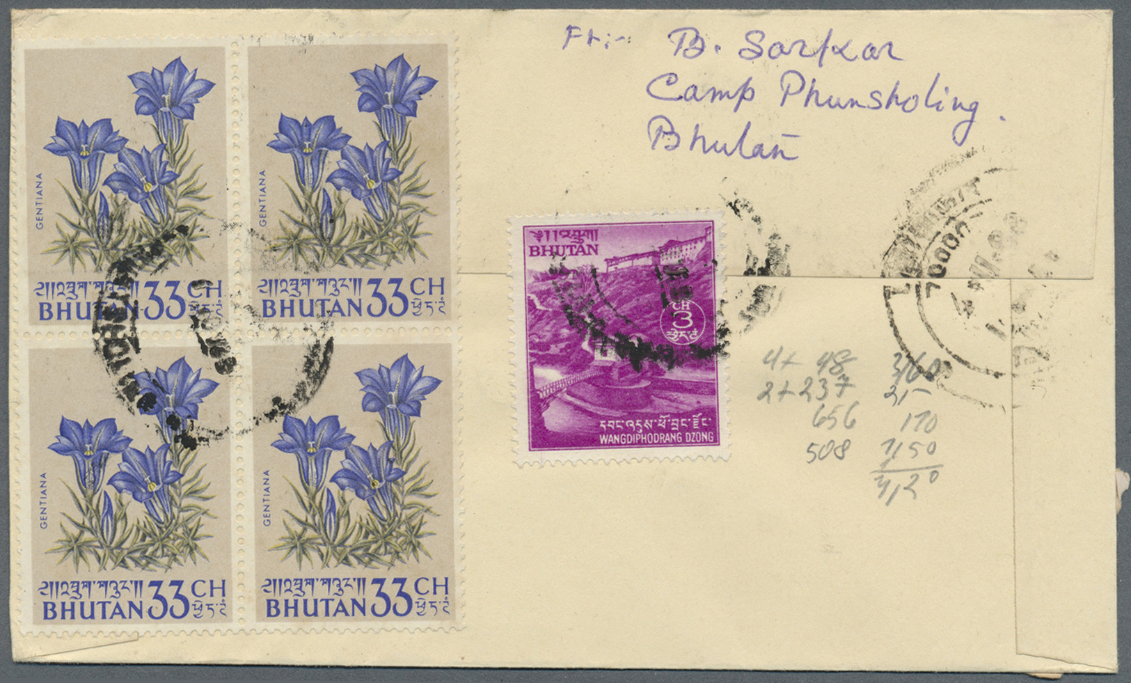 Br Bhutan: 1964/68, 11 Dif. Stamps With One 3D Stamp On 2 Registered Covers From "CAMP PHUNSHOLING" Sent To Calcutta, Re - Bhoutan