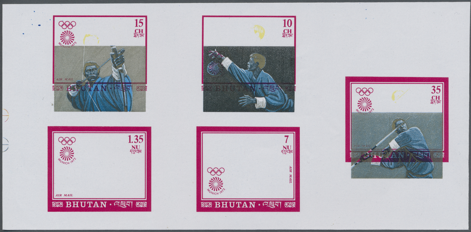 ** Bhutan: 1972, Bhutan. Summer Olympics Munich. Collective Color Proofs For The Complete Olympic Set In Yellow/blue Wit - Bhutan