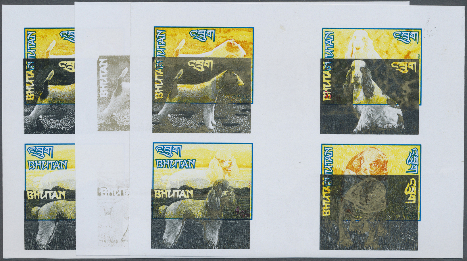 ** Bhutan: 1972, Bhutan. Collective, Progressiv Color Proofs (9 Phases) In Crossed Gutter Pairs For 4 Values Of The DOGS - Bhutan