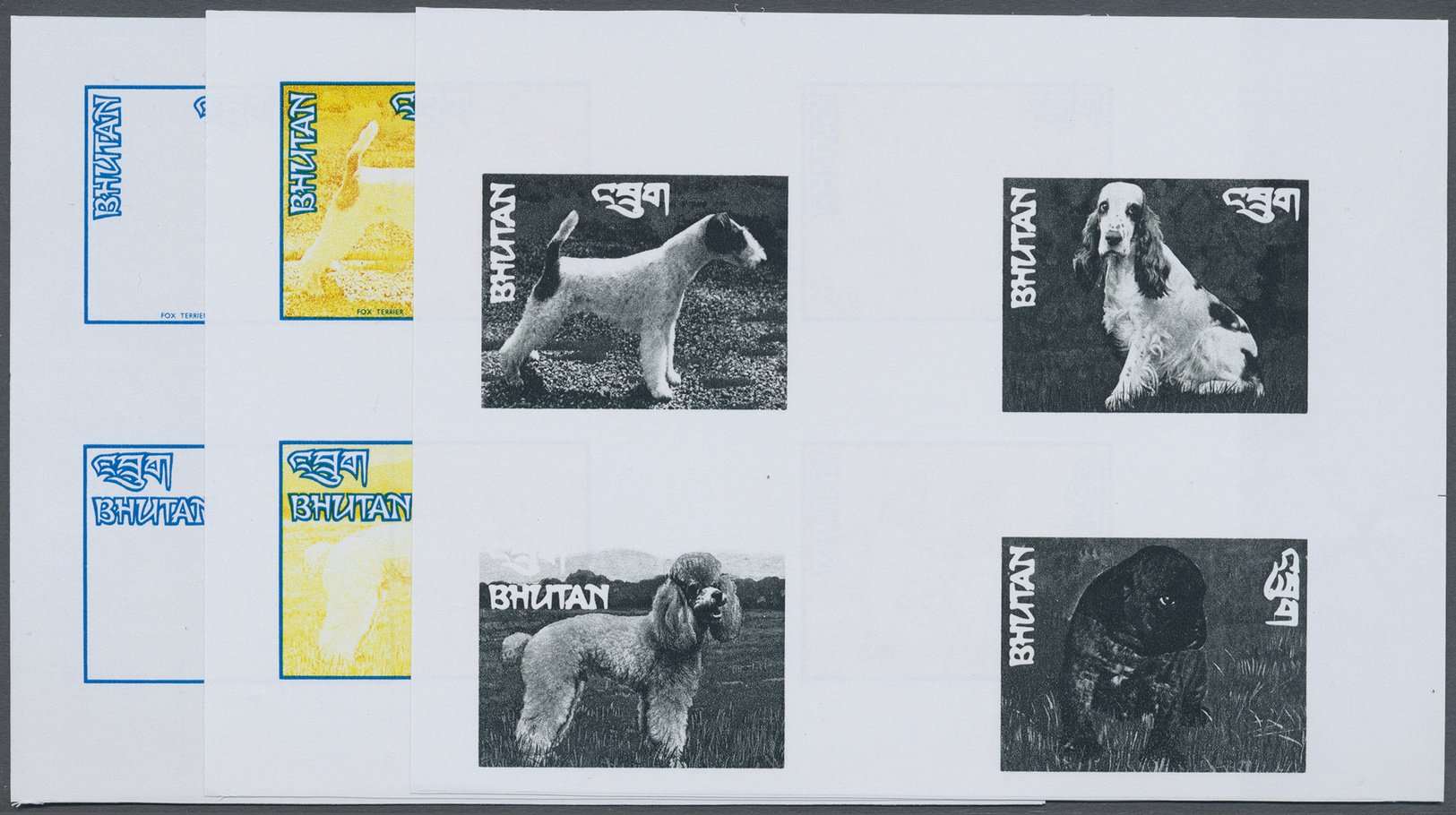 ** Bhutan: 1972, Bhutan. Collective, Progressiv Color Proofs (9 Phases) In Crossed Gutter Pairs For 4 Values Of The DOGS - Bhutan