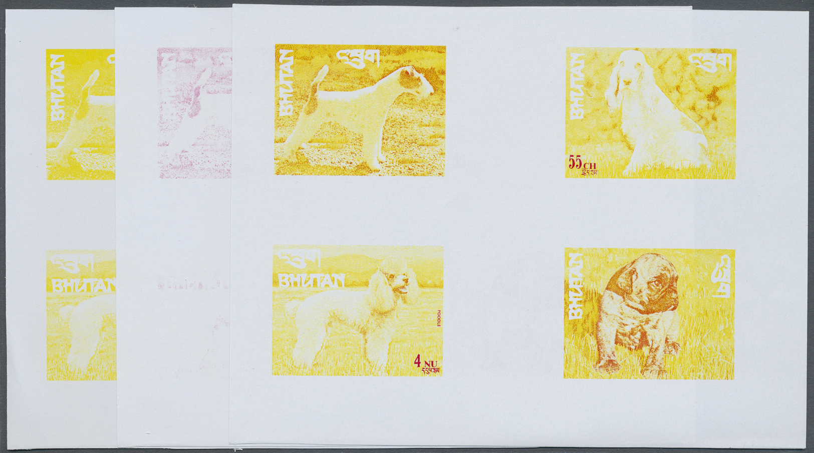 ** Bhutan: 1972, Bhutan. Collective, Progressiv Color Proofs (9 Phases) In Crossed Gutter Pairs For 4 Values Of The DOGS - Bhutan