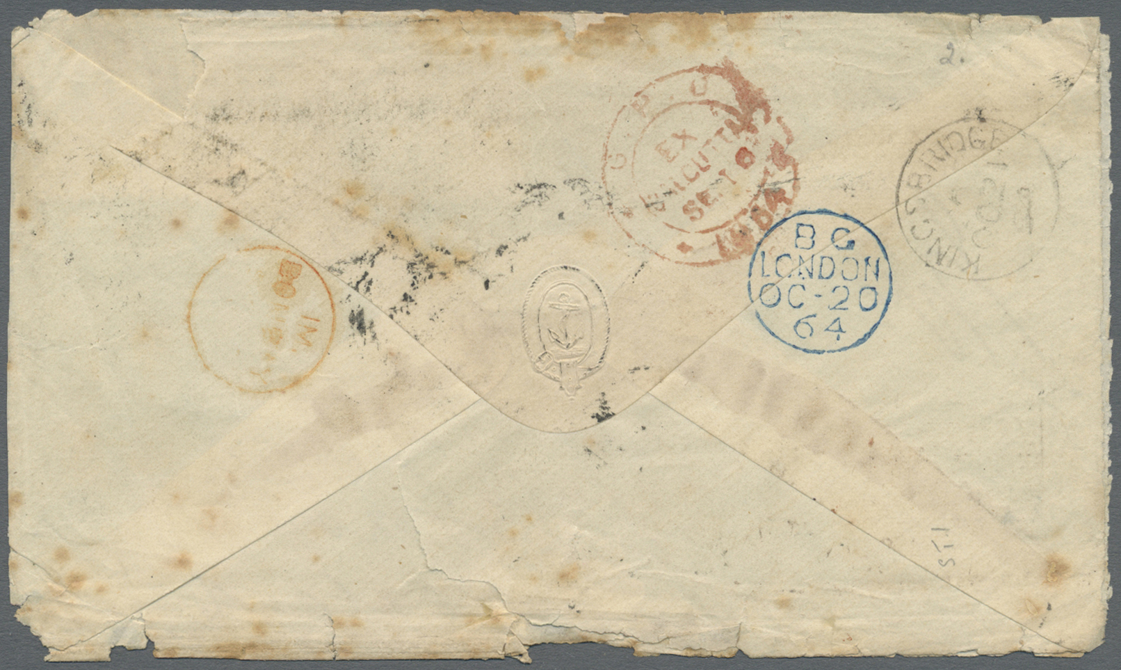 Br Birma / Burma / Myanmar: 1864, Envelope Franked With 1,2 And 4 Anna Cancelled With "B 127" From MOULMEIN Via Marseill - Myanmar (Burma 1948-...)