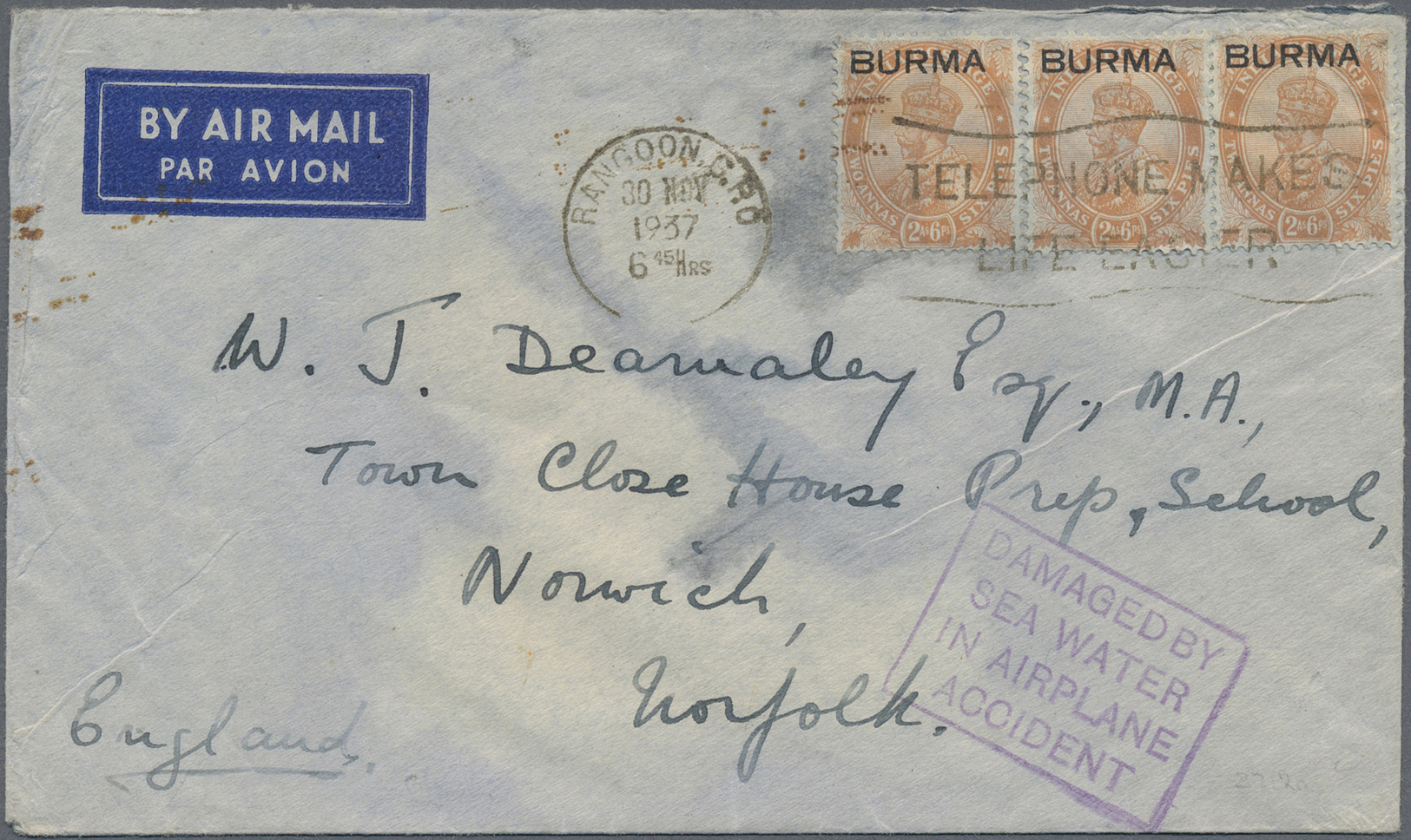 Br Birma / Burma / Myanmar: 1937. Air Mail Envelope Addressed To Norfolk, England Bearing Burma SG 6, 2a6p Orange (strip - Myanmar (Burma 1948-...)