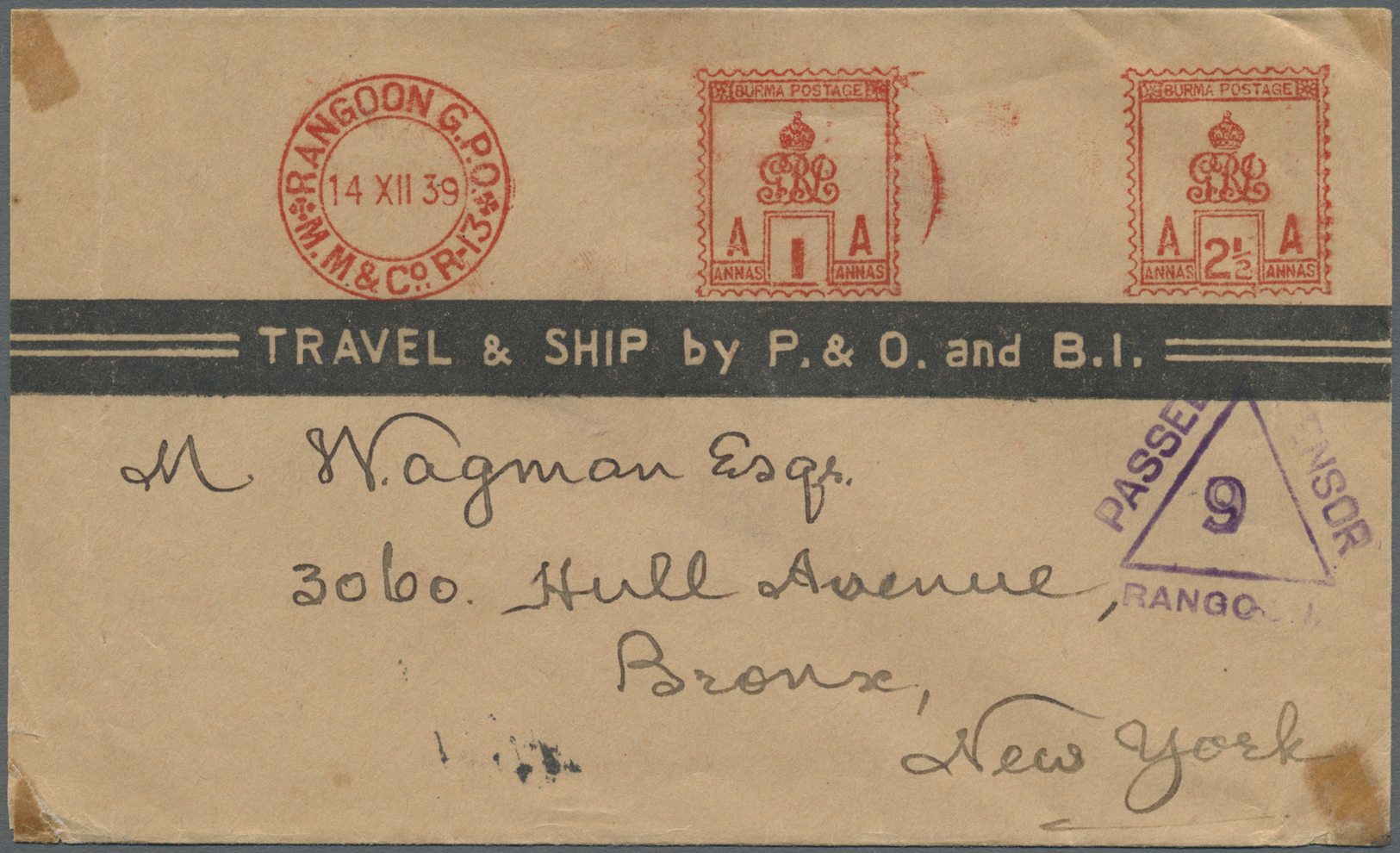 Br Birma / Burma / Myanmar: 1939 Rangoon Meter Stamps 1a. And 2½a. With "RANGOON G.P.O.*M.M.&Co. R-13" In Double-circle - Myanmar (Burma 1948-...)