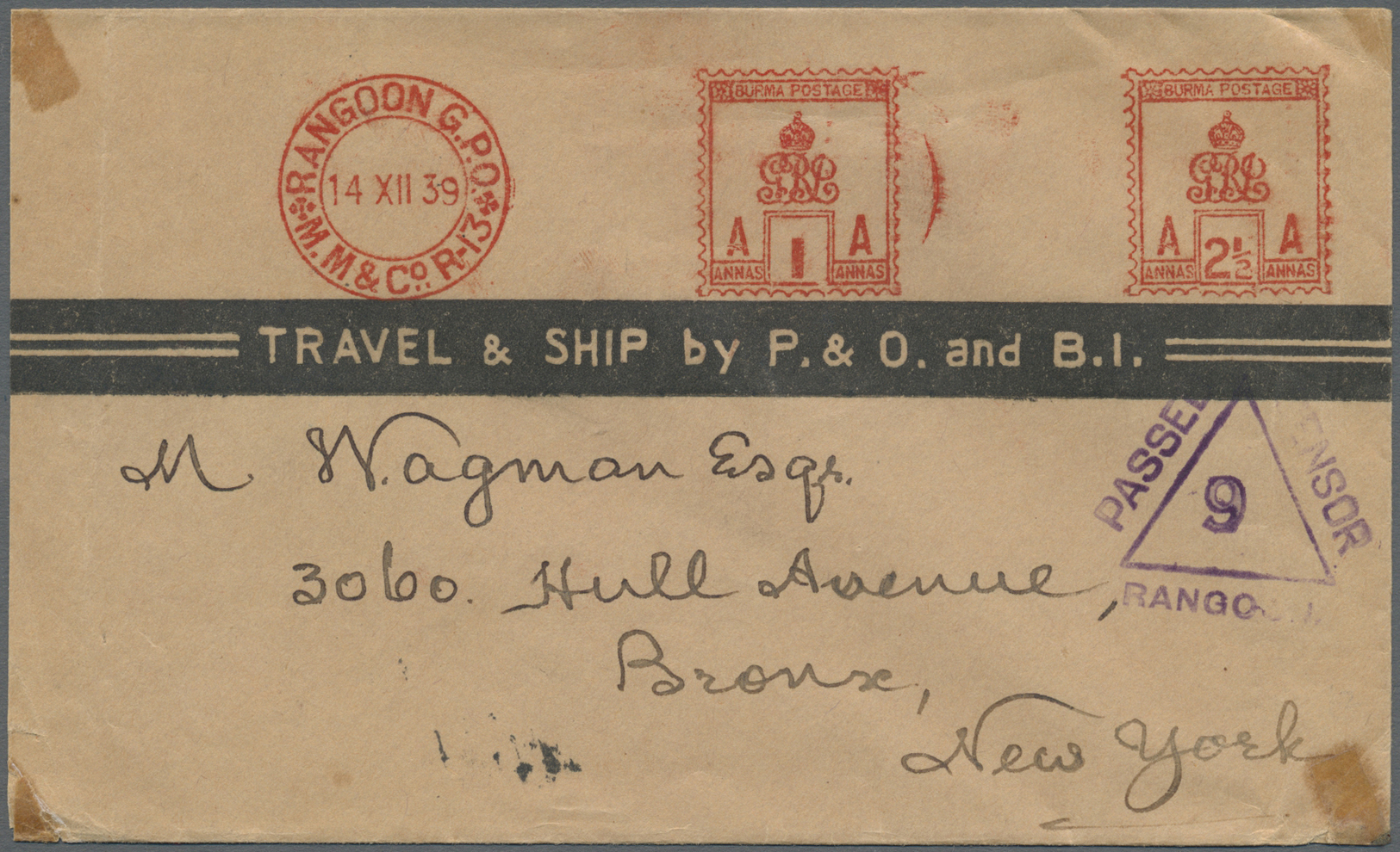 Br Birma / Burma / Myanmar: 1939 Rangoon Meter Stamps 1a. And 2½a. With "RANGOON G.P.O.*M.M.&Co. R-13" In Double-circle - Myanmar (Birmanie 1948-...)