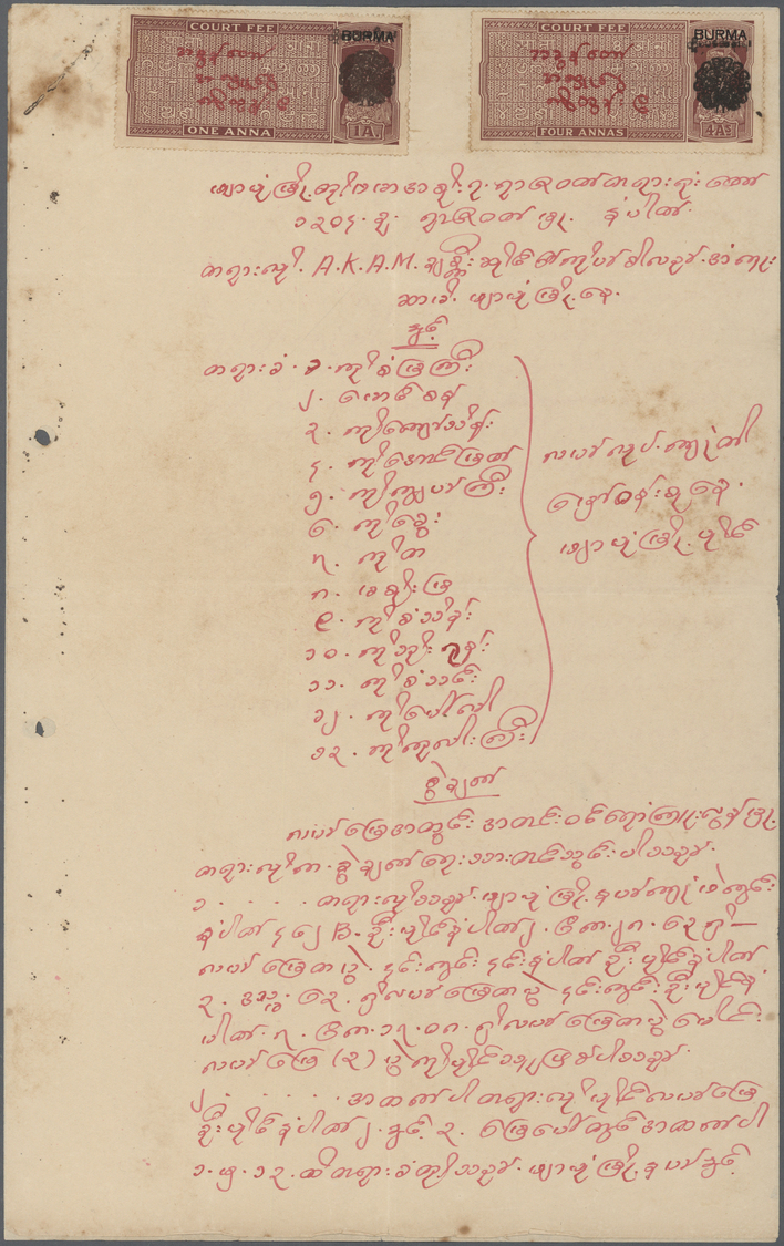 Br Birma / Burma / Myanmar: 1940/1947 (ca.), Two Fiscal Documents Bearing Different Court Fee KGVI Stamps Ms. Cancelled, - Myanmar (Burma 1948-...)