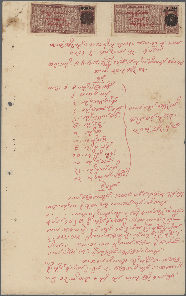 Br Birma / Burma / Myanmar: 1940/1947 (ca.), Two Fiscal Documents Bearing Different Court Fee KGVI Stamps Ms. Cancelled, - Myanmar (Birmanie 1948-...)