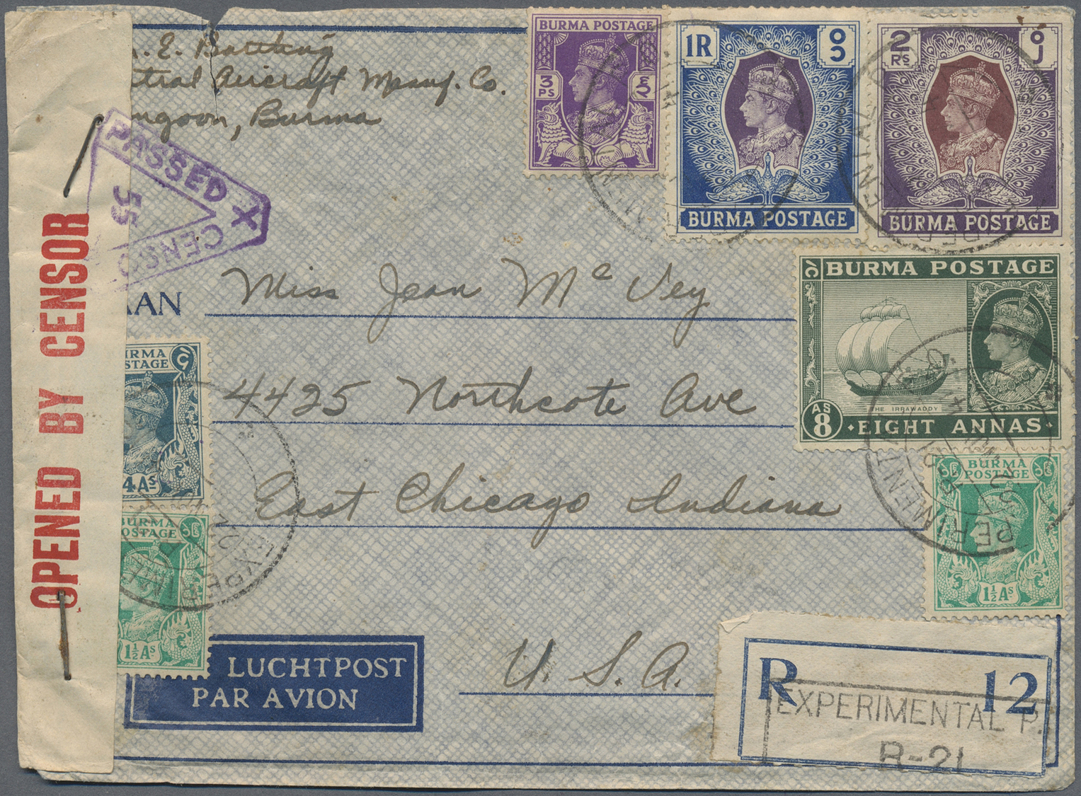 Br Birma / Burma / Myanmar: 1941. Registered Air Mail Envelope (back Some Faults) Addressed To The United States Bearing - Myanmar (Burma 1948-...)