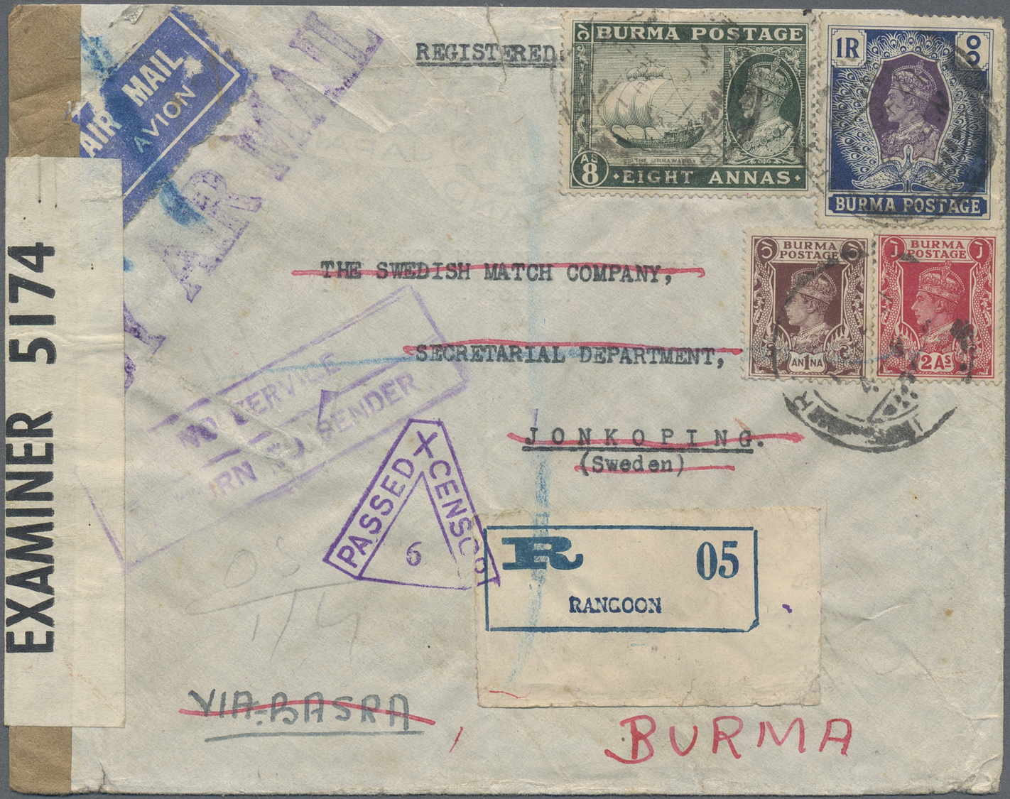 Br Birma / Burma / Myanmar: 1941. Registered Air Mail Envelope Addressed To Sweden Bearing SG 22, 1a Brown, SG 24, 2a Ca - Myanmar (Burma 1948-...)