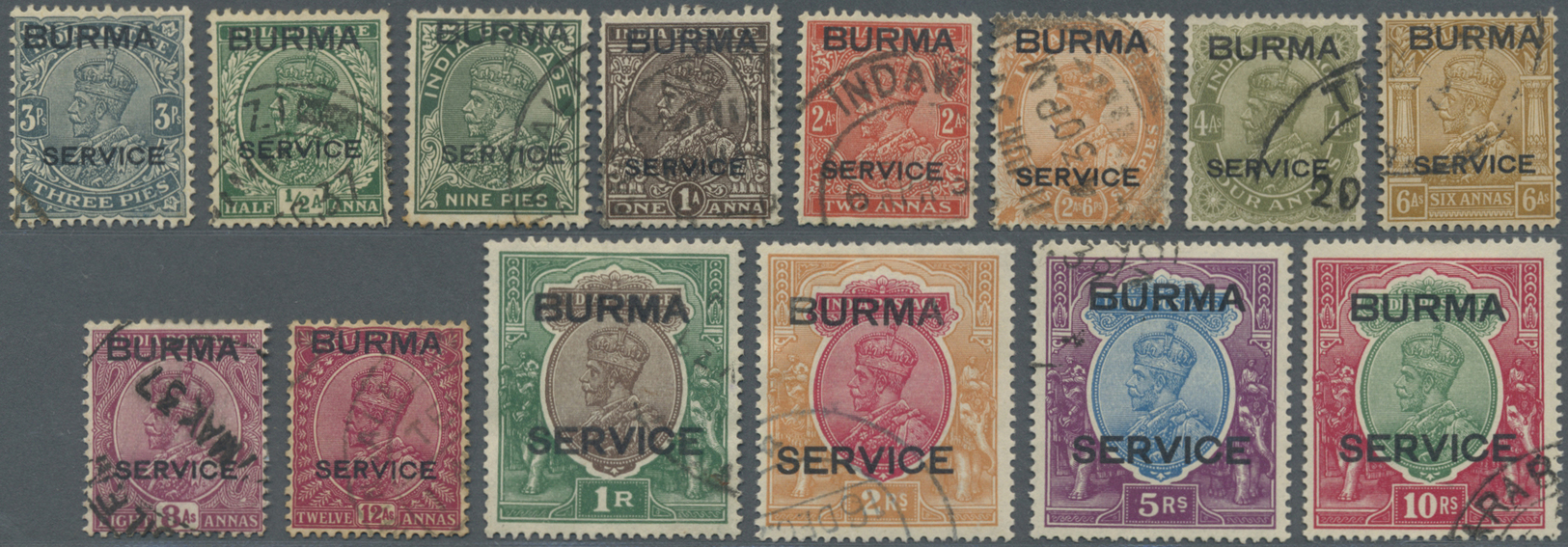 O Birma - Dienstmarken: 1937 KGV. Officials Complete Set Used, Fresh And Fine. (SG £500) - Myanmar (Burma 1948-...)