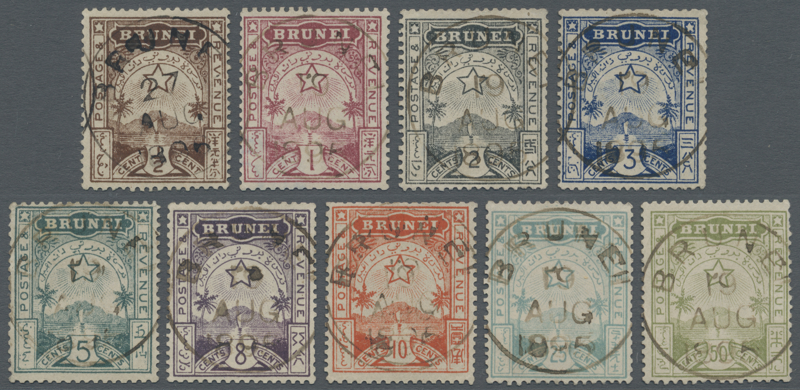 O Brunei: 1895 Short Set Of Nine To 50c., All Used And Cancelled By Full Strike Of "BRUNEI/19/AUG/1895" Cds, Fresh And F - Brunei (1984-...)