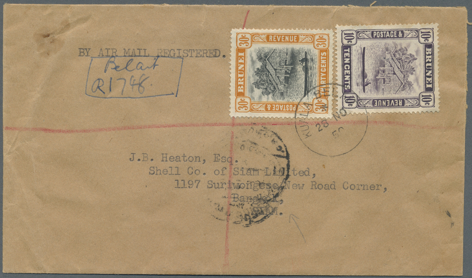 Br Brunei: 1950. Registered Envelope Addressed To Bangkok Bearing SG 85, 10c Violet And SG 88, 30c Orange And Black Tied - Brunei (1984-...)