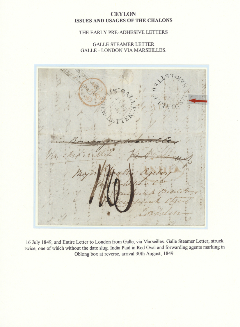 Br Ceylon / Sri Lanka: 1849 16 JULY, Letter From COLOMBO Via Marseille To London With GALLE STEAMER LETTER Struck Twice. - Sri Lanka (Ceylan) (1948-...)