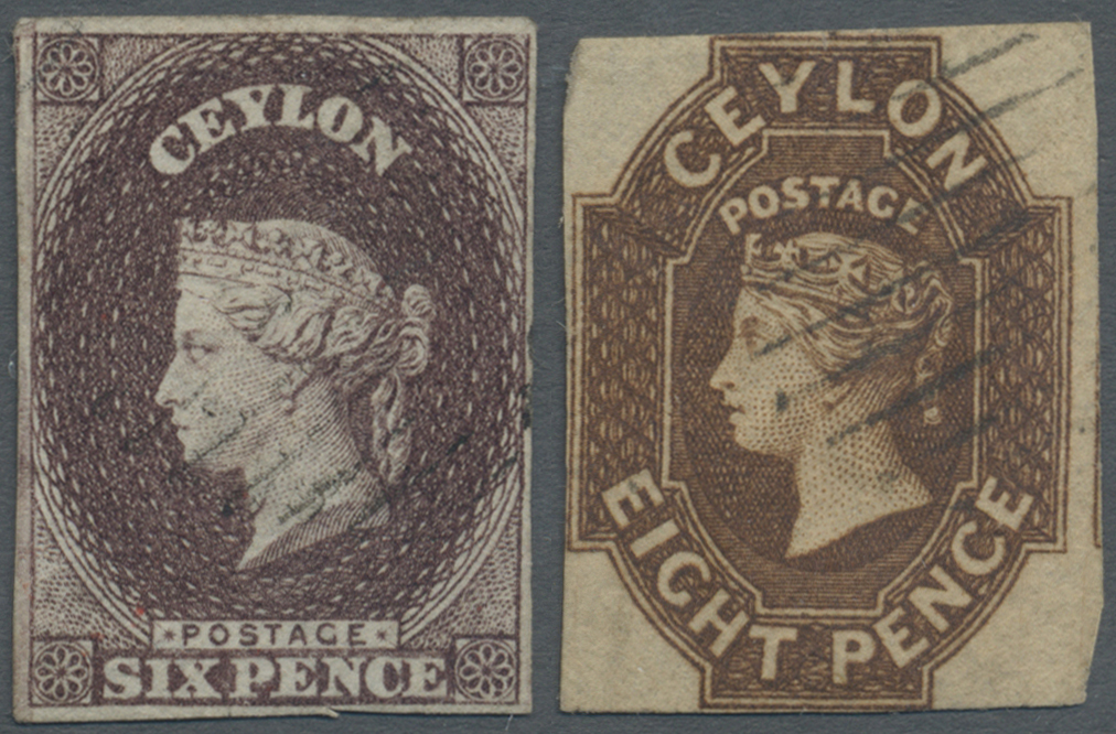 O Ceylon / Sri Lanka: 1857-59 QV 6d. Purple-brown And 8d. Brown Both Used, With Complete To Wide Margins Around And Fres - Sri Lanka (Ceylon) (1948-...)