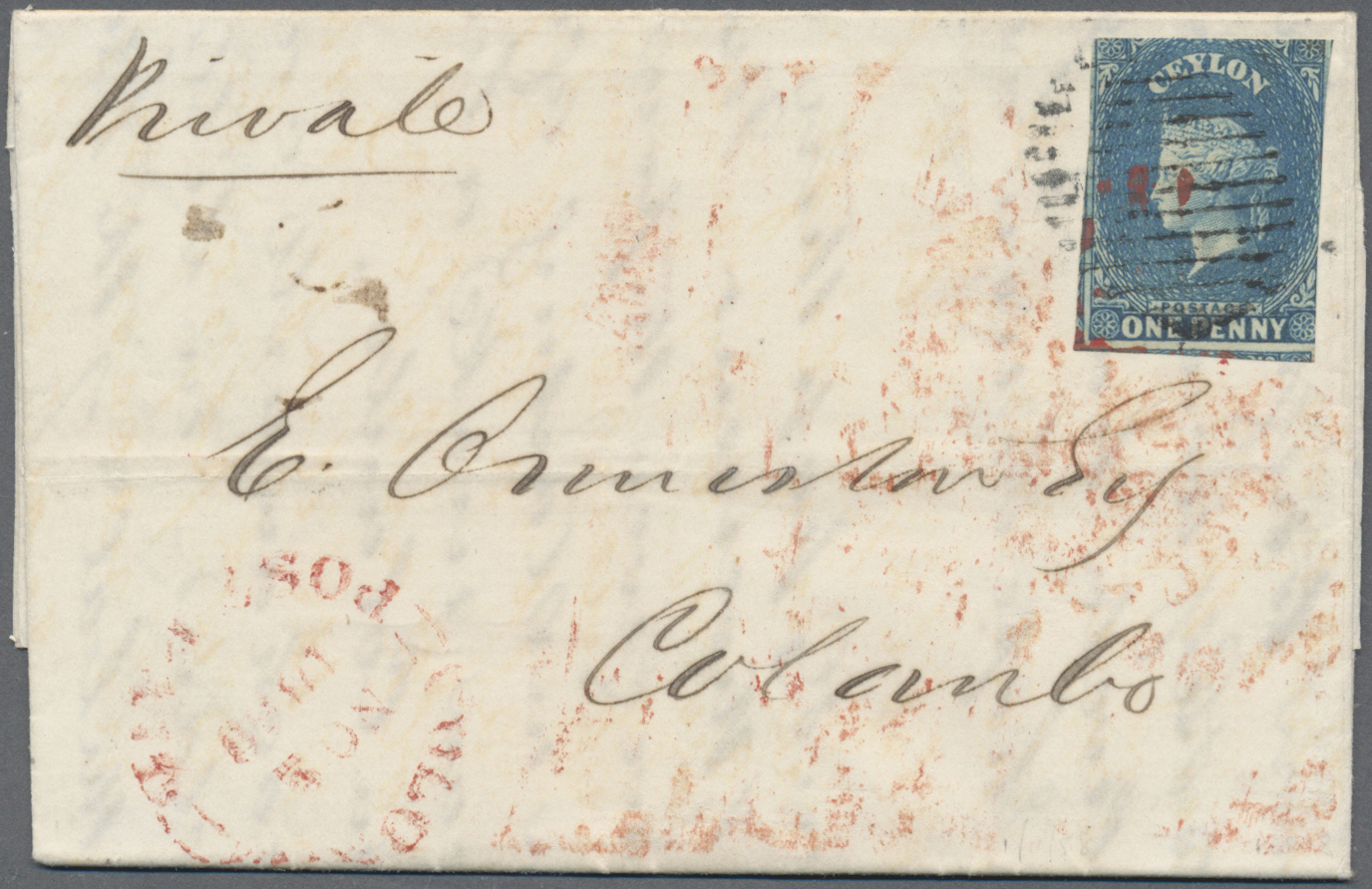 Br Ceylon / Sri Lanka: 1858, Letter From KANDY Franked With 1 D Blue Sent To Colombo With COLOMBO POST PAID Arrival On F - Sri Lanka (Ceylon) (1948-...)