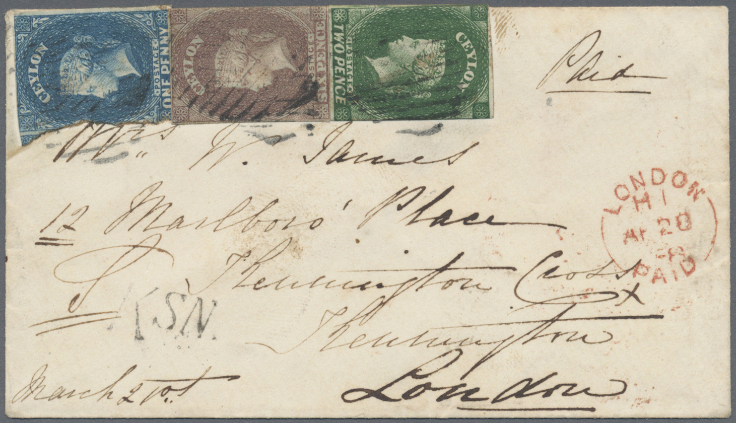 Br Ceylon / Sri Lanka: 1858, Small Envelope Franked With 1,2 And 6 D From First Issue, Faults/cut In As Usual From KANDY - Sri Lanka (Ceylon) (1948-...)