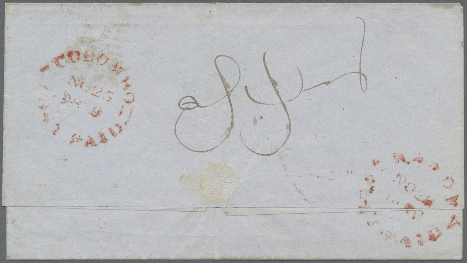 Br Ceylon / Sri Lanka: 1859, 1 D Blue On Letter From COLOMBO With Red COLOMBO POST PAID On Back Sent To Kandy - Sri Lanka (Ceylan) (1948-...)