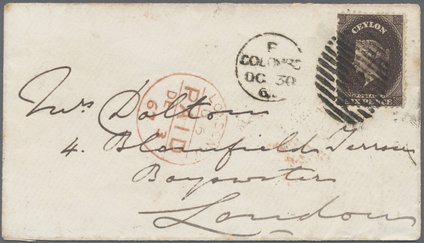 Br Ceylon / Sri Lanka: 1867, 6 D Blackish Brown On Attractive Envelope (small Faults) With Duplex COLOMBO Sent To London - Sri Lanka (Ceylan) (1948-...)