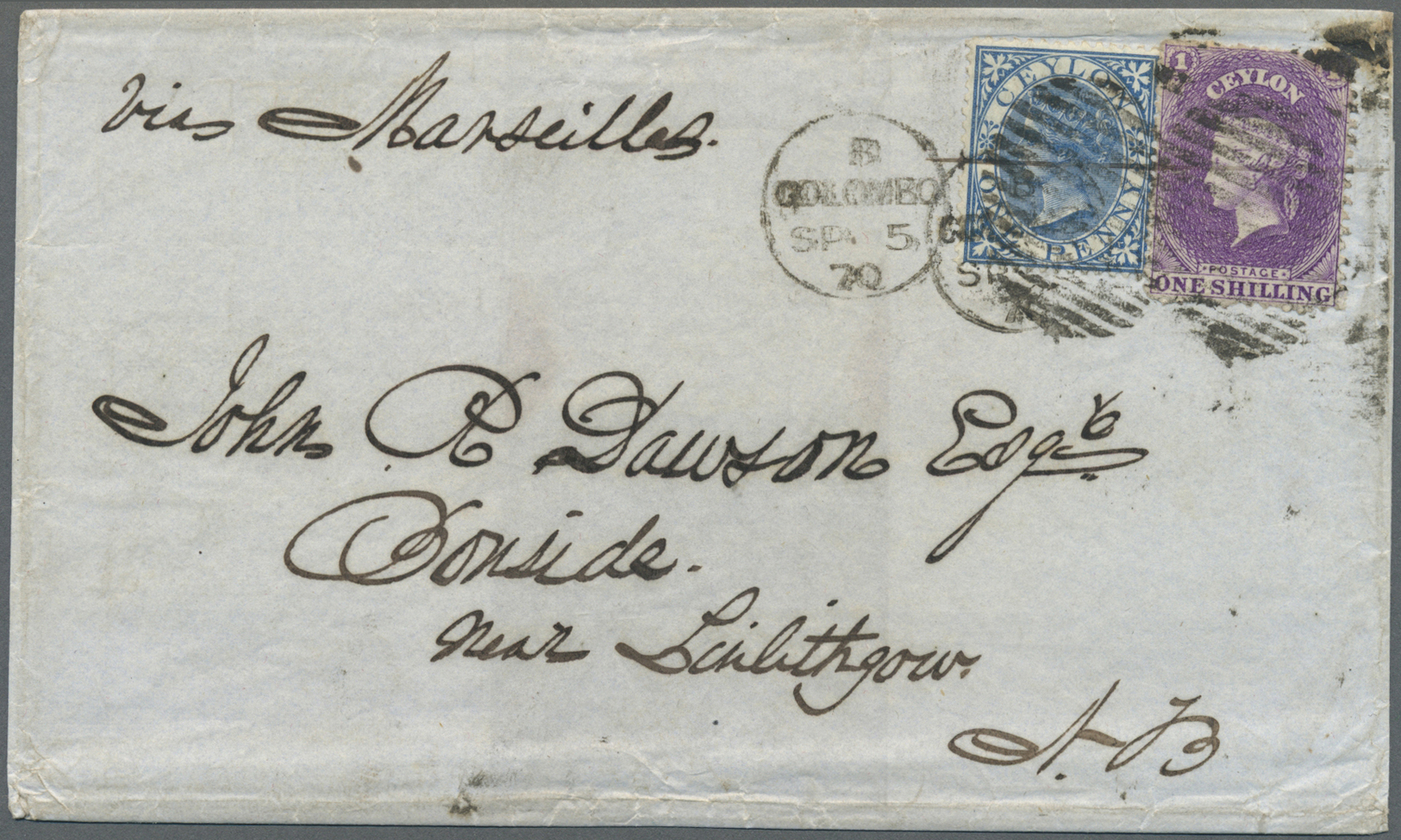 Br Ceylon / Sri Lanka: 1870, Attractive Mixed Franking With 1 Shilling Lilac And 1 D Blue From COLOMBO To Scottland. - Sri Lanka (Ceylon) (1948-...)