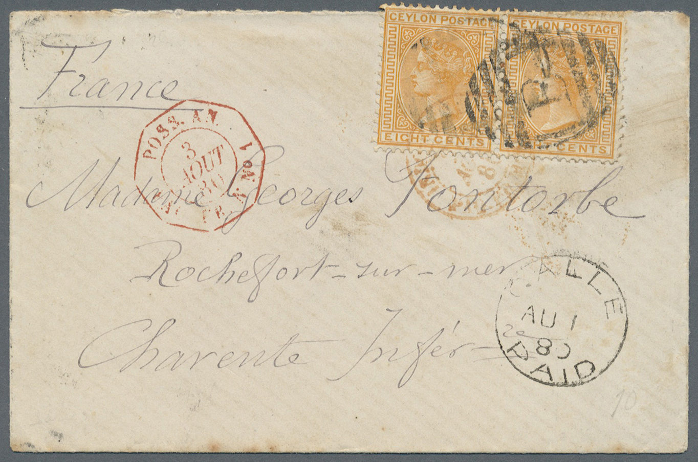 Br Ceylon / Sri Lanka: 1880. Envelope Addressed To France Bearing SG 124, 8c Orange-red (pair) Tied By 'B' Obliterator W - Sri Lanka (Ceylan) (1948-...)