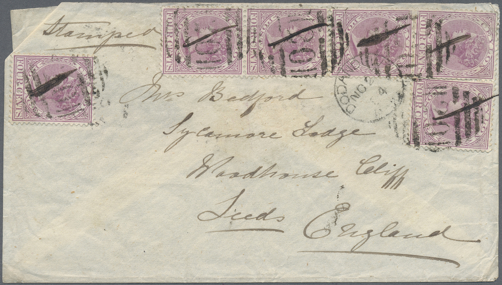 Br Ceylon / Sri Lanka: 1884. Envelope Addressed To England Bearing Ceylon SG 123, 4c Mauve (6) Tied By '20' In Numeral W - Sri Lanka (Ceylon) (1948-...)