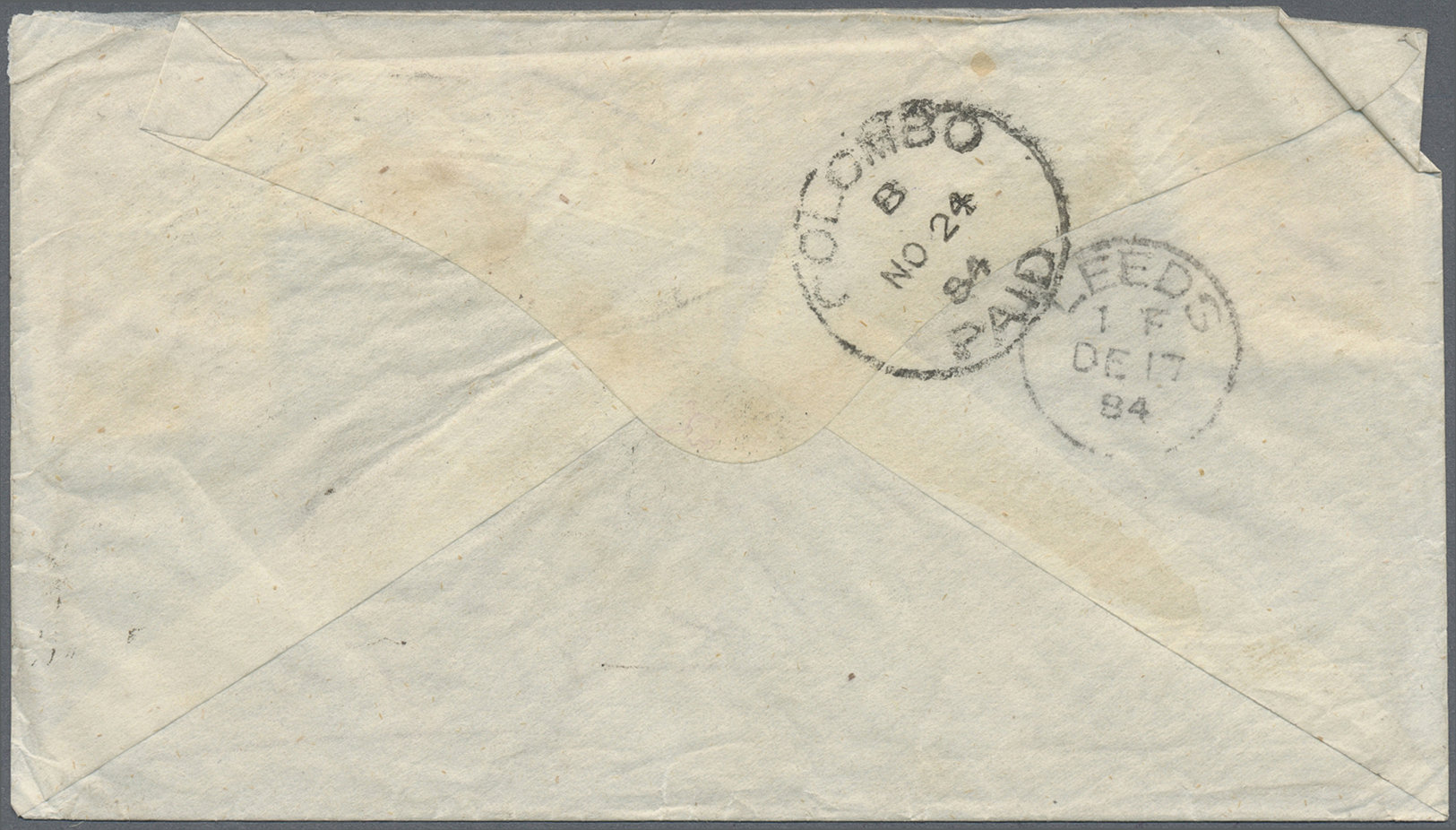 Br Ceylon / Sri Lanka: 1884. Envelope Addressed To England Bearing Ceylon SG 123, 4c Mauve (6) Tied By '20' In Numeral W - Sri Lanka (Ceylon) (1948-...)