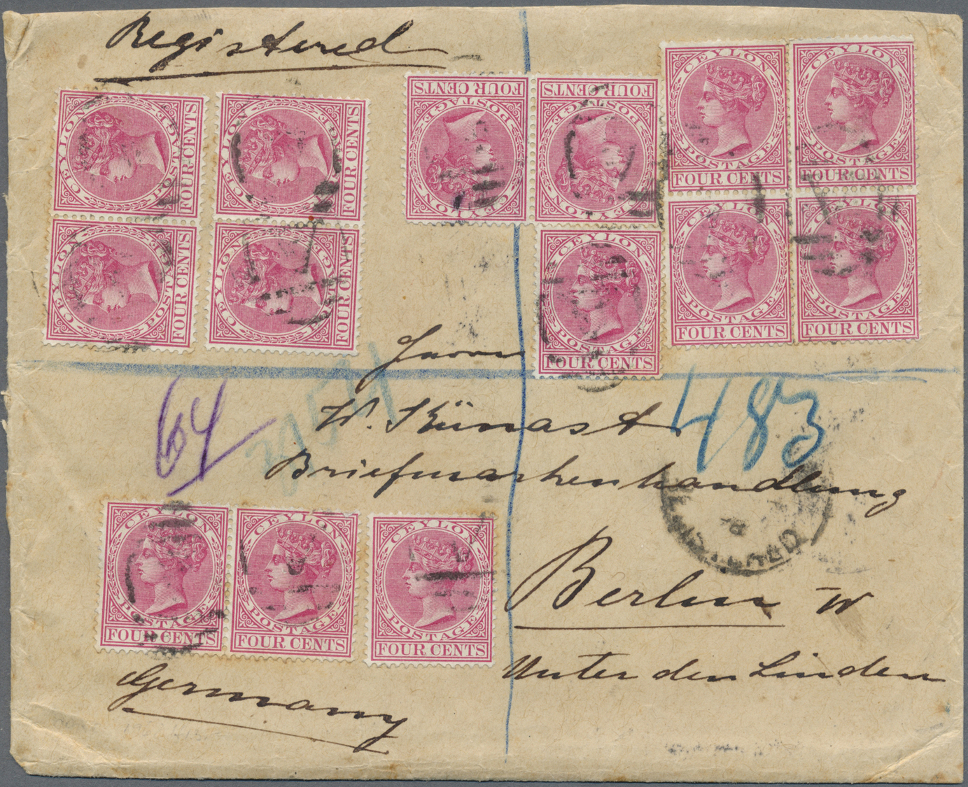 Br Ceylon / Sri Lanka: 1898. Registered Envelope Addressed To Germany Bearing SG 147, 2c Green, SG 149, 4c Rose (20) And - Sri Lanka (Ceylan) (1948-...)