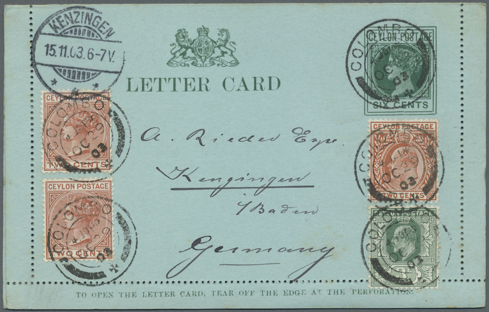 GA Ceylon / Sri Lanka: 1903/1904, QV 6 C. Letter Card As Well As 2 1/2 Cent "District Letter Envelope Both With Addition - Sri Lanka (Ceylan) (1948-...)