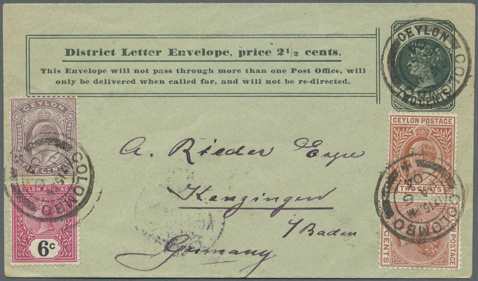 GA Ceylon / Sri Lanka: 1903/1904, QV 6 C. Letter Card As Well As 2 1/2 Cent "District Letter Envelope Both With Addition - Sri Lanka (Ceylon) (1948-...)