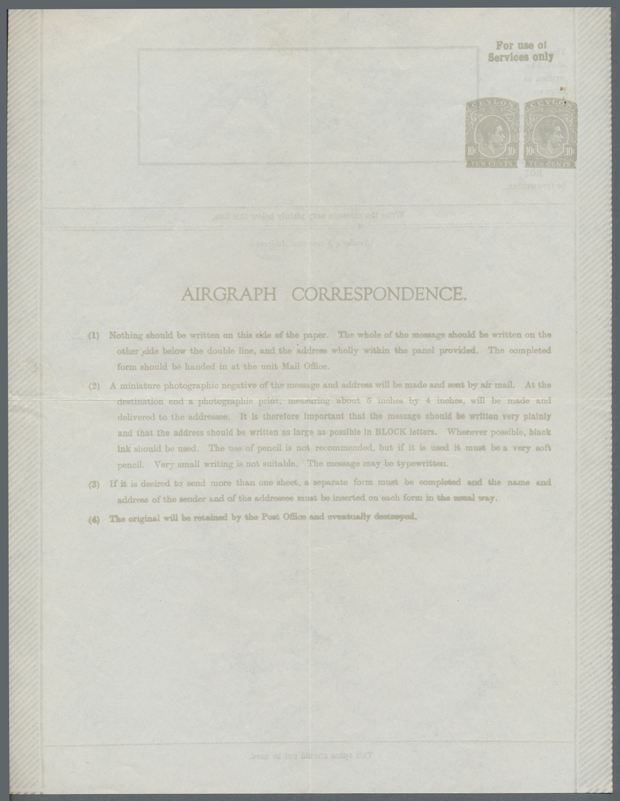 GA Ceylon / Sri Lanka: 1943 Aerogramme Etc.: First Airgraph Form For Service Personnel, With Two Imprints KGVI. 10c Grey - Sri Lanka (Ceylan) (1948-...)