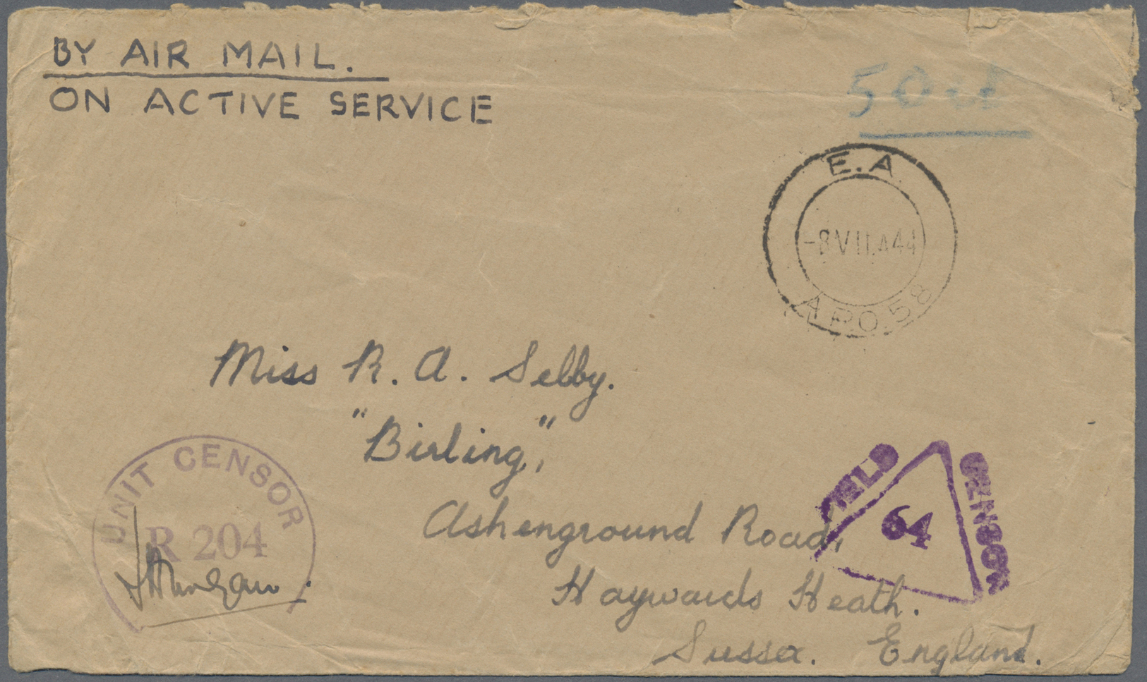 Br Ceylon / Sri Lanka: 1944. Stampless Envelope Endorsed 'On Active Service' Addressed To England Cancelled By 'E.A./A.P - Sri Lanka (Ceylan) (1948-...)
