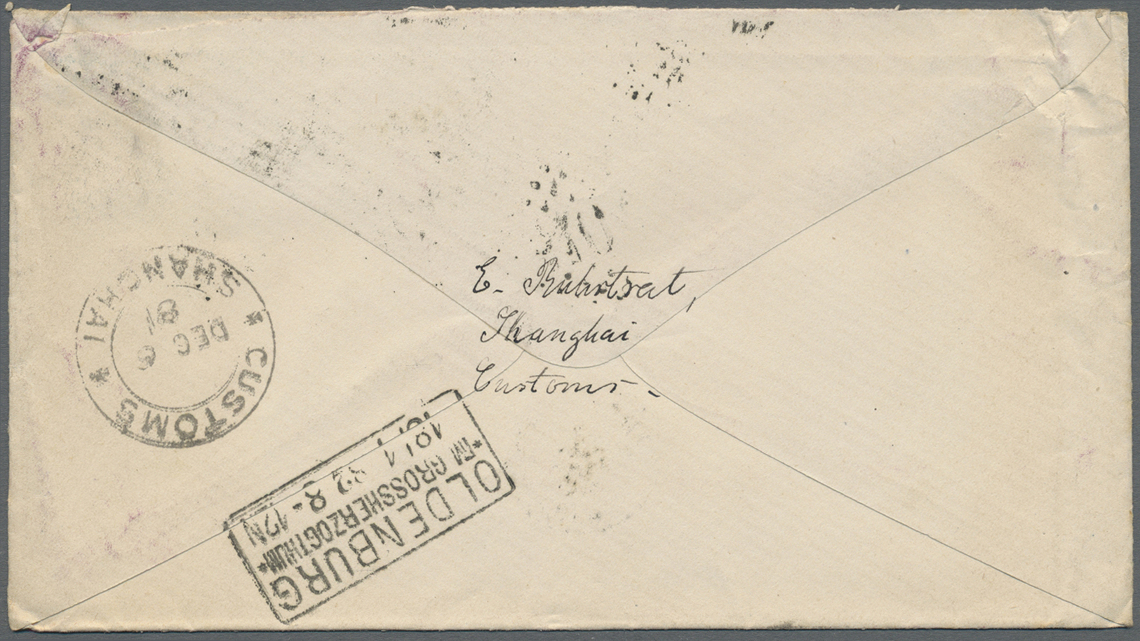 Br China: 1881, "CUSTOMS SHANGHAI DEC 6 81" On Reverse Of Small Cover With French Offices, Forerunners Type Sage 5 C. (p - Autres & Non Classés