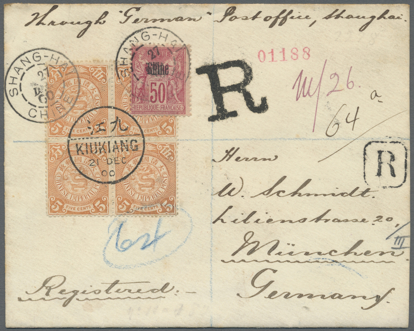 Br China: 1898, Coiling Dragon 5 C. Salmon Block-4 Canc. Bisected Bilingual "KIUKIANG 21 DEC 00" In Combination W. Frenc - Other & Unclassified