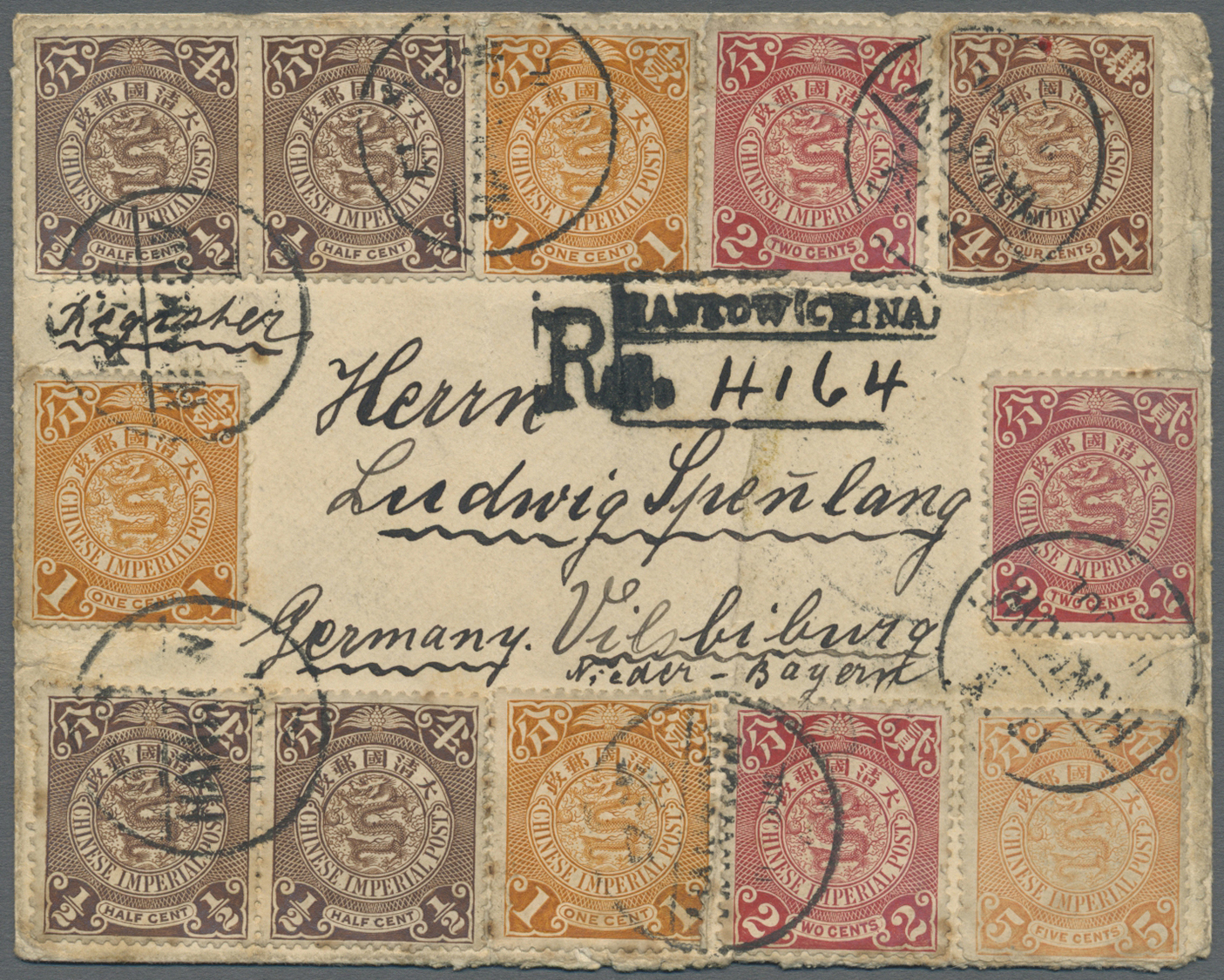 Br China: 1902, Coiling Dragon 1/2 C. (5), 1 CC (3), 2 C. (3), 4 C. Brown, 5 C. Flesh (bottom Perfs. Bumped)  Tied Bisec - Other & Unclassified