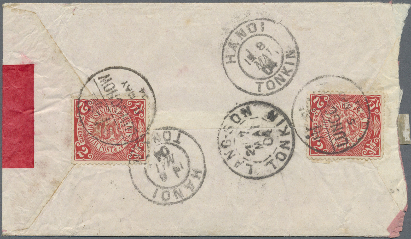Br China: 1904. Red Band Envelope (rough Opened) Addressed To Hanoi Bearing Chinese Imperial Post SG 110, 2c Red (3) Tie - Other & Unclassified