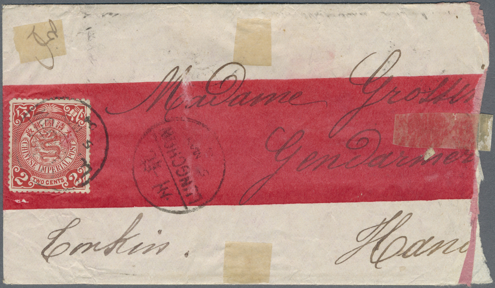 Br China: 1904. Red Band Envelope (rough Opened) Addressed To Hanoi Bearing Chinese Imperial Post SG 110, 2c Red (3) Tie - Other & Unclassified