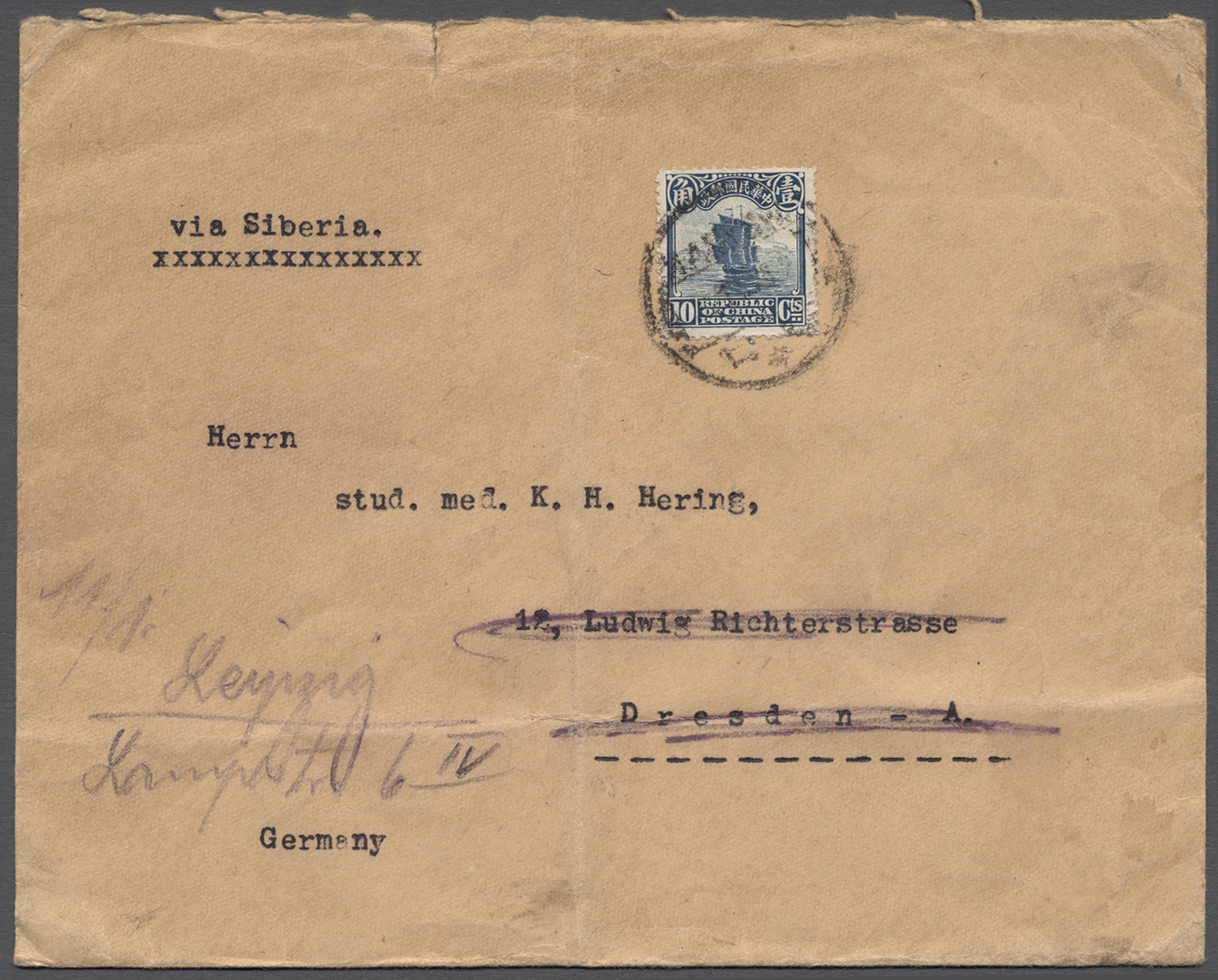 Br China: 1921/26, Three Covers Franking With 10 Cts Blue From German Trading Company &bdquo;Carlowitz & Co. Hankow&rdqu - Other & Unclassified