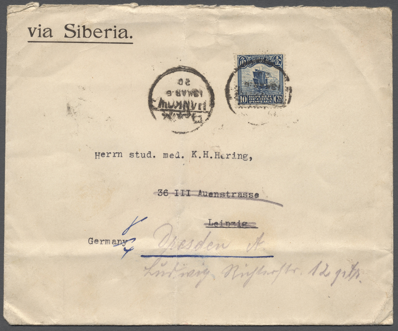 Br China: 1921/26, Three Covers Franking With 10 Cts Blue From German Trading Company &bdquo;Carlowitz & Co. Hankow&rdqu - Other & Unclassified