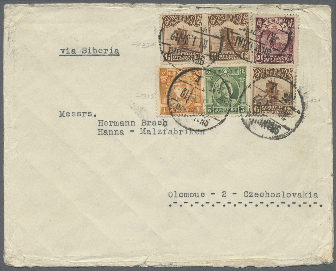 Br China: 1923/33, Junk 6 C. Brown (3, Scarce) Etc. As 44 C. Franking Tied "SHANGHAI 10.1.36" To Overweight Cover To Olo - Other & Unclassified